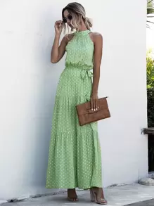 Breezaya Polka Dot Belted Halter Dress - Green - View 6