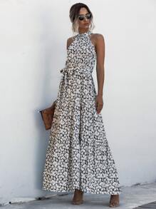 SHEIN LUNE All Over Floral Print Belted Halter Dress - Multicolor - View 1