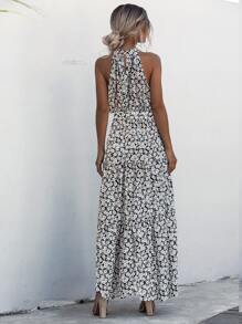 SHEIN LUNE All Over Floral Print Belted Halter Dress - Multicolor - View 2