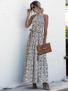 SHEIN LUNE All Over Floral Print Belted Halter Dress - Multicolor - View 4