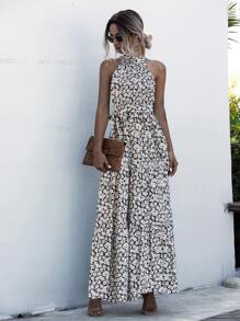 SHEIN LUNE All Over Floral Print Belted Halter Dress - Multicolor - View 5