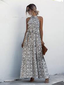 SHEIN LUNE All Over Floral Print Belted Halter Dress - Multicolor - View 6