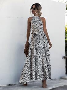 SHEIN LUNE All Over Floral Print Belted Halter Dress - Multicolor - View 7