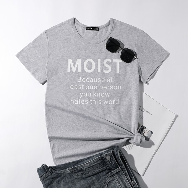 

Slogan Graphic Round Neck Tee, Light grey