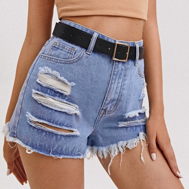 

Raw Hem Ripped Denim Shorts Without Belt, Light wash