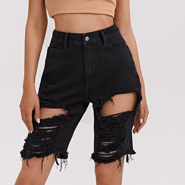 

Raw Hem Ripped Denim Shorts, Black