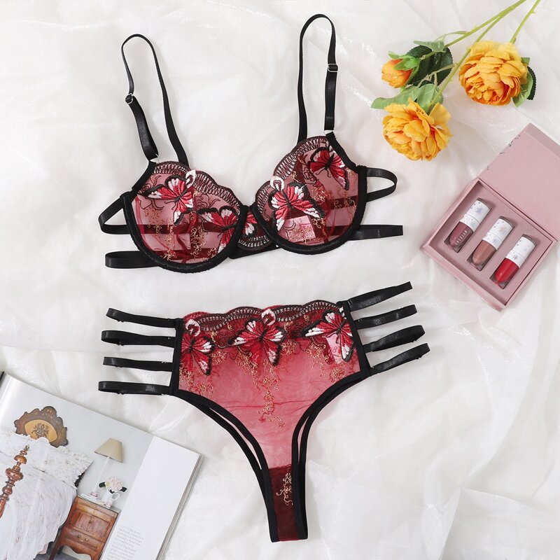 

Butterfly Embroidered Mesh Underwire Lingerie Set, Red