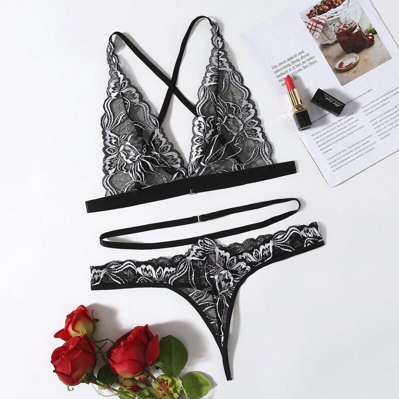 

Floral Lace Cut-out Lingerie Set, Black and white