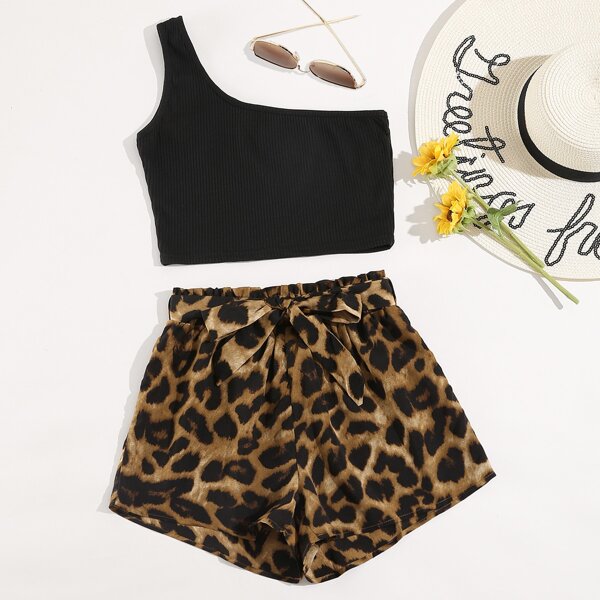 

One Shoulder Top & Leopard Print Belted Shorts, Multicolor