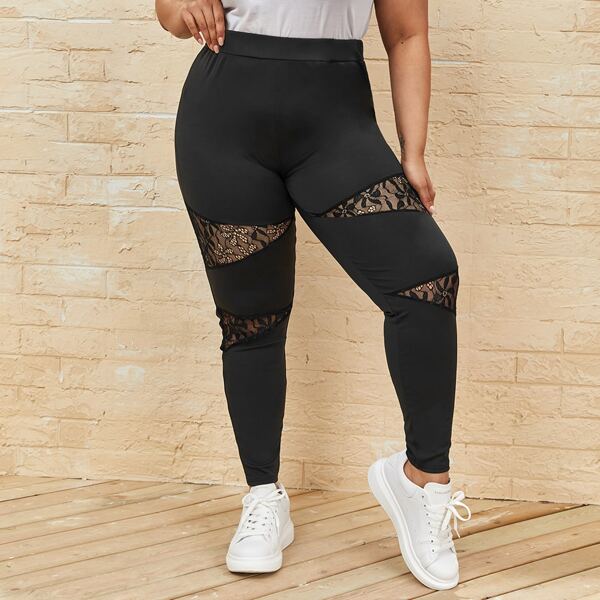 

Plus Lace Insert Elastic Waist Leggings, Black