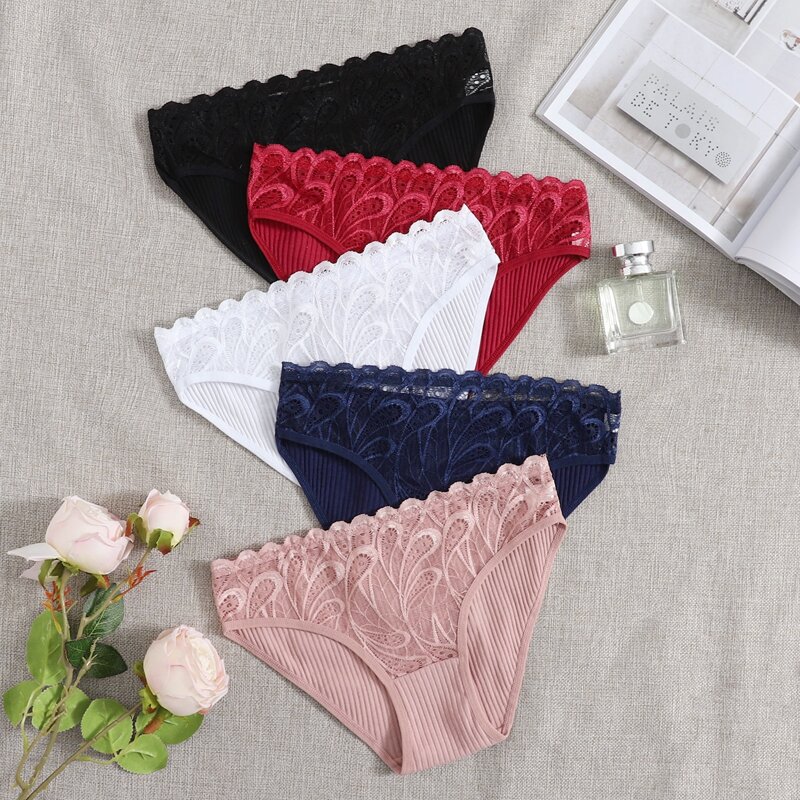 

5pack Contrast Lace Ribbed Panty, Multicolor