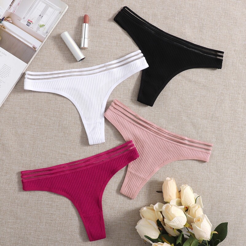 

4pack Ribbed Thong Panty, Multicolor