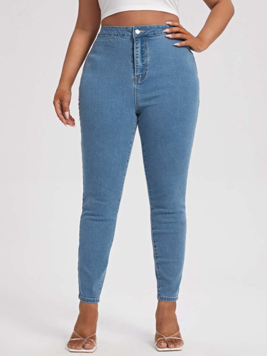SHEIN Essnce Plus Curvy High Waist Skinny Jeans - Medium Wash - View 1