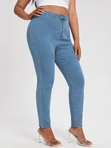 SHEIN Essnce Plus Curvy High Waist Skinny Jeans - Medium Wash - View 3