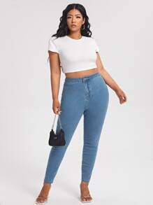 SHEIN Essnce Plus Curvy High Waist Skinny Jeans - Medium Wash - View 4