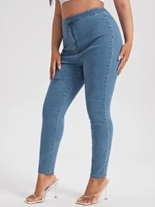 SHEIN Essnce Plus Curvy High Waist Skinny Jeans - Medium Wash - View 5