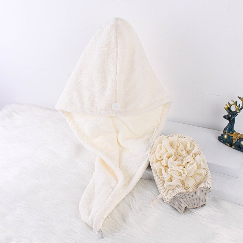 

2pcs Hair Drying Cap & Exfoliating Glove Set, White
