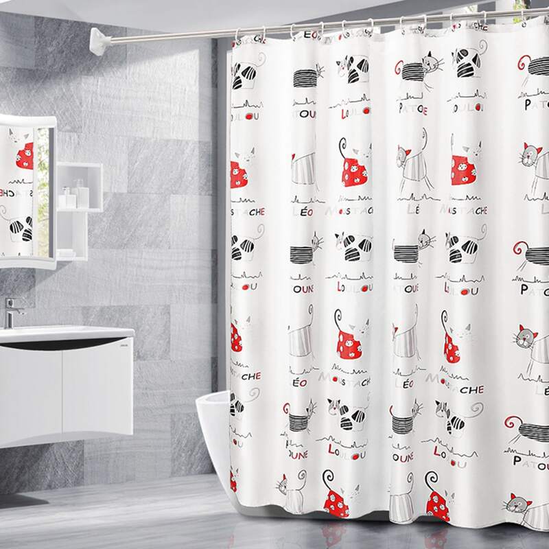 

Cartoon Cat Print Shower Curtain, White