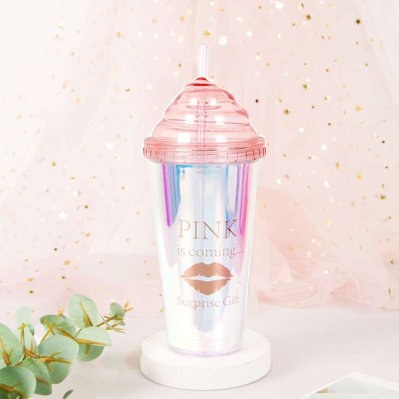 

Lip Print Ice Cream Lid Straw Bottle, Pink
