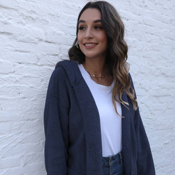 

Drop Shoulder Hooded Teddy Coat, Navy blue