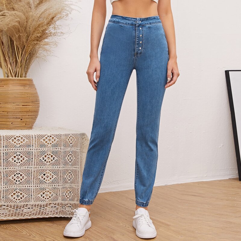 

Two Way High Waist Jogger Jeans, Medium wash