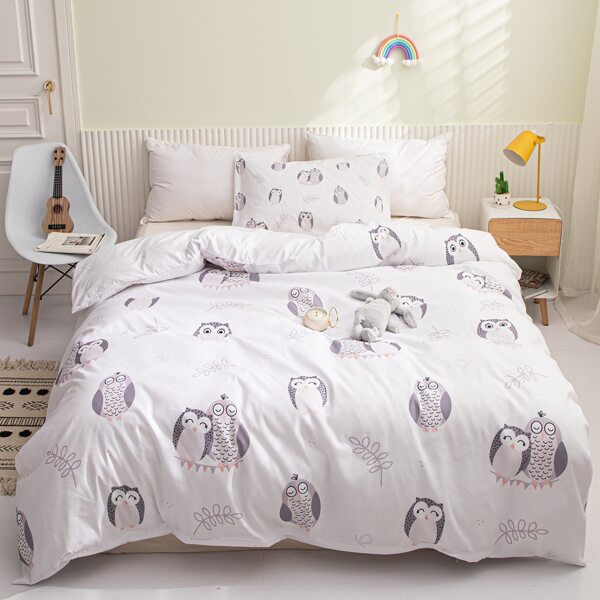 

Kids Cartoon Owl Print Duvet Cover Without Filler, White