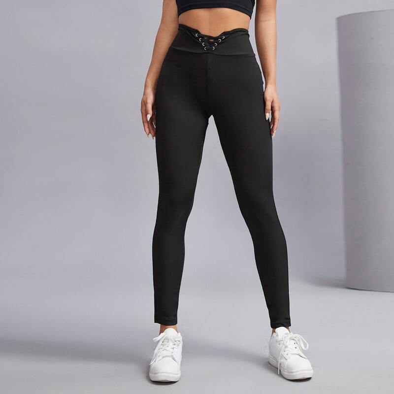 

Solid Lace Up Leggings, Black