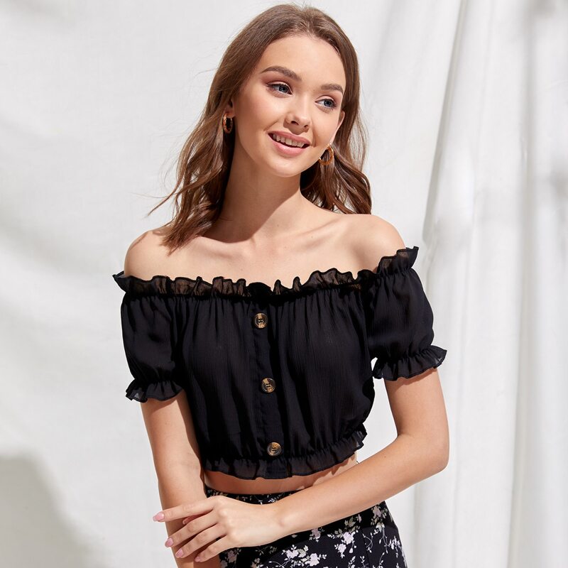 

Off Shoulder Frill Trim Crop Top, Black