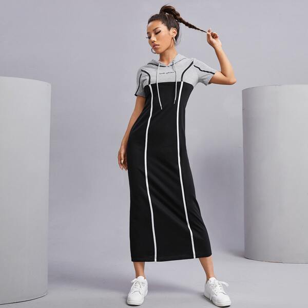 

Two Tone Letter Graphic Drawstring Hooded Dress, Black