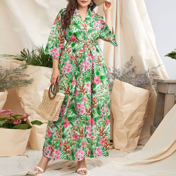 

Plus Tropical And Floral Belted Maxi Kimono, Multicolor