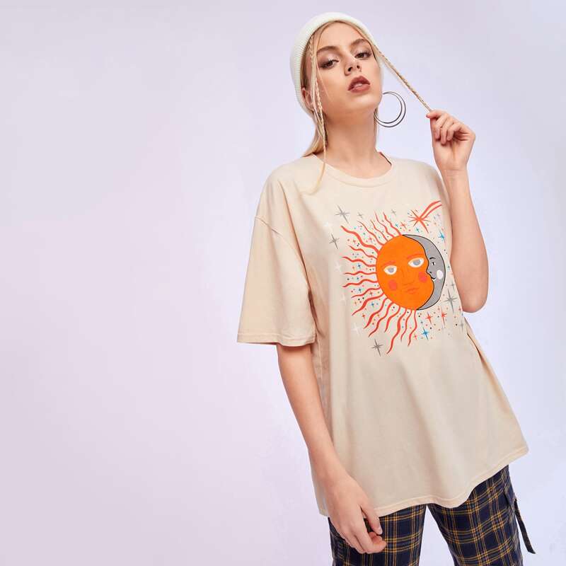 

Sun & Moon Graphic Oversized Tee, Apricot