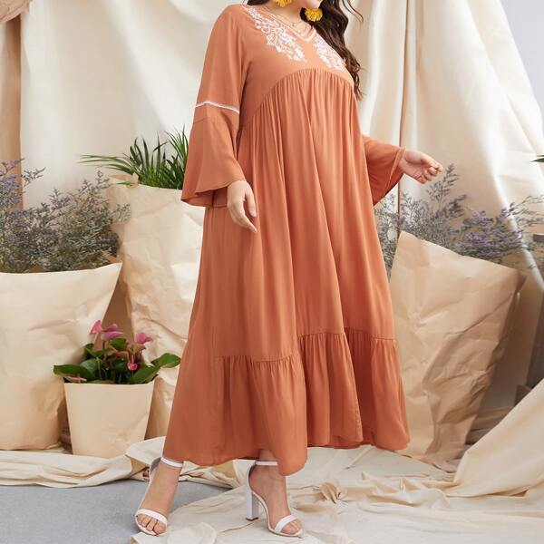 

Plus Embroidery Ruffle Hem Babydoll Dress, Burnt orange