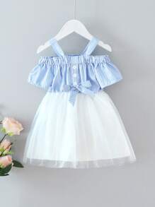 SHEIN 小女童條紋挖肩前蝴蝶結網紗下擺連衣裙 - 藍白色 - 查看 1