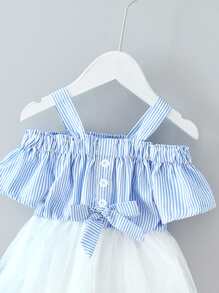 SHEIN 小女童條紋挖肩前蝴蝶結網紗下擺連衣裙 - 藍白色 - 查看 3