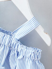 SHEIN 小女童條紋挖肩前蝴蝶結網紗下擺連衣裙 - 藍白色 - 查看 4