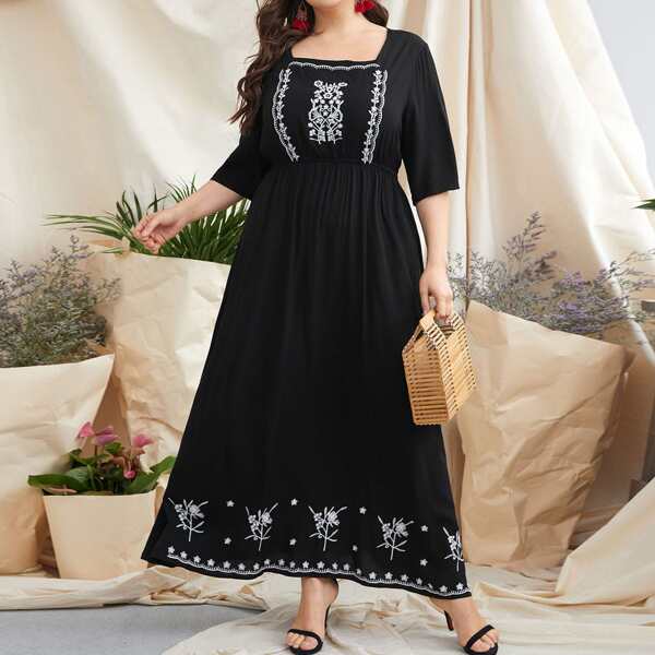 

Plus Square Neck Embroidery Maxi A-line Dress, Black