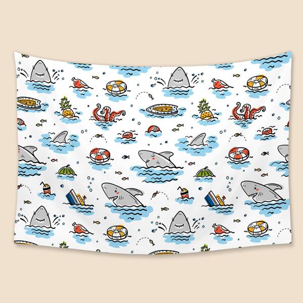 

Kids Cartoon Shark Print Tapestry, Multicolor