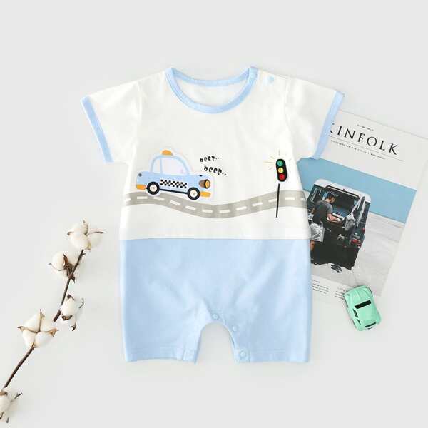 

Baby Boy Color Block Car Appliques Romper, Multicolor