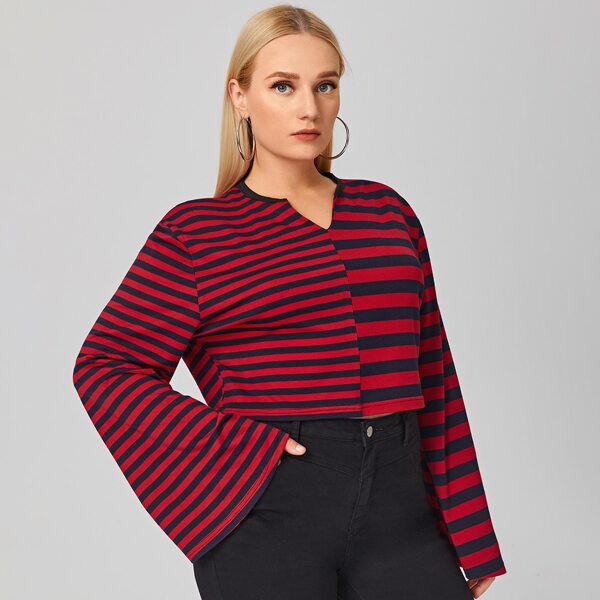 

Plus Striped Notch Neck Flounce Sleeve Crop Tee, Red