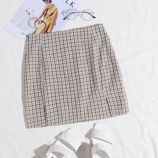 

Gingham Split Hem Mini Skirt, Multicolor