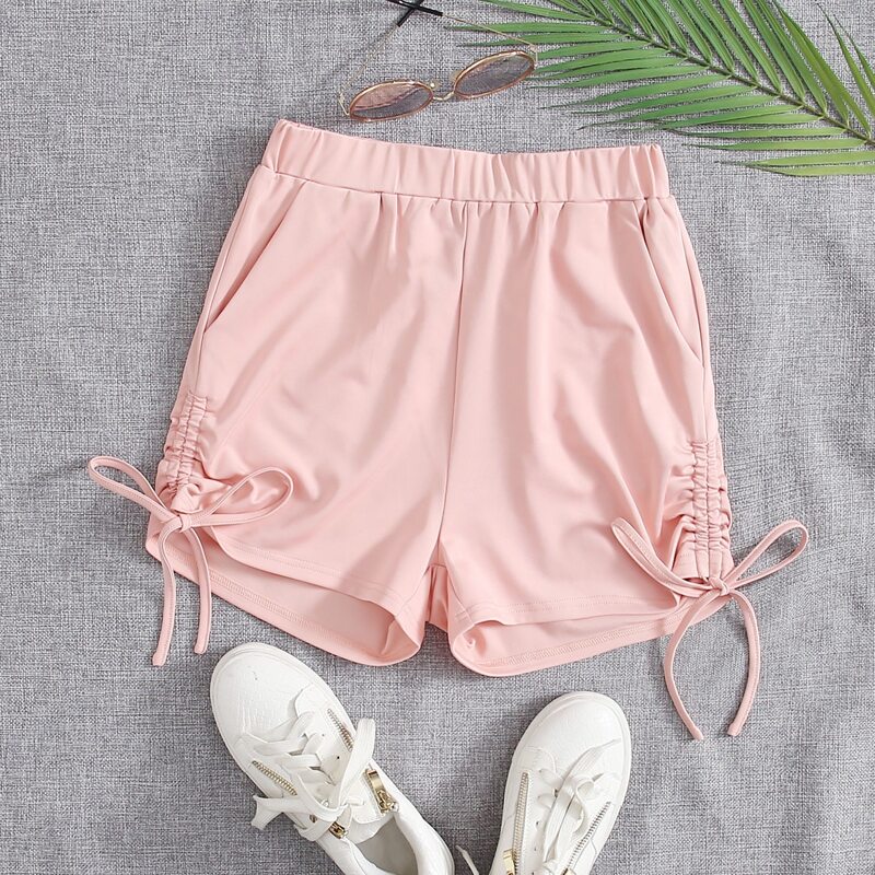 

Solid Drawstring Side Elastic Waist Shorts, Baby pink