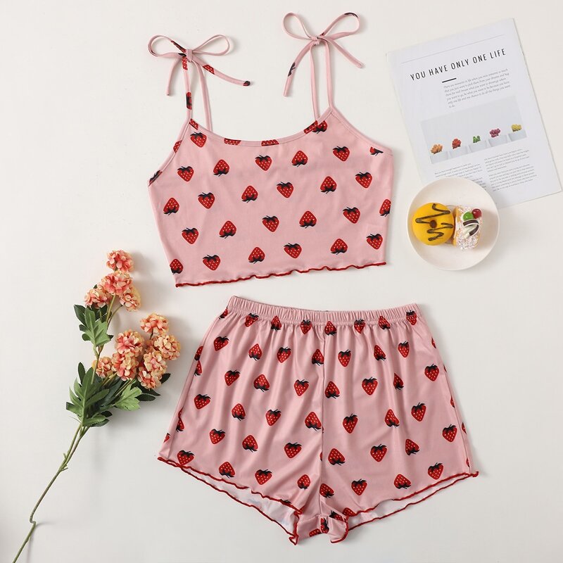 

Strawberry Print Knot-straps Pajama Set, Multicolor