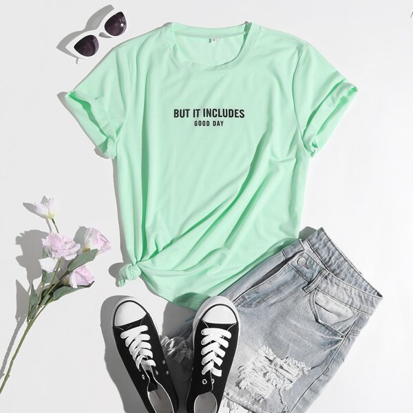 

Slogan Graphic Round Neck Tee, Pastel mint green
