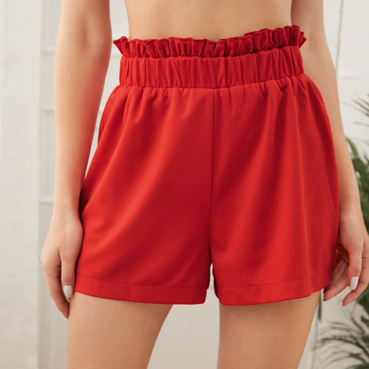 

Solid Paper Bag Waist Shorts, Red