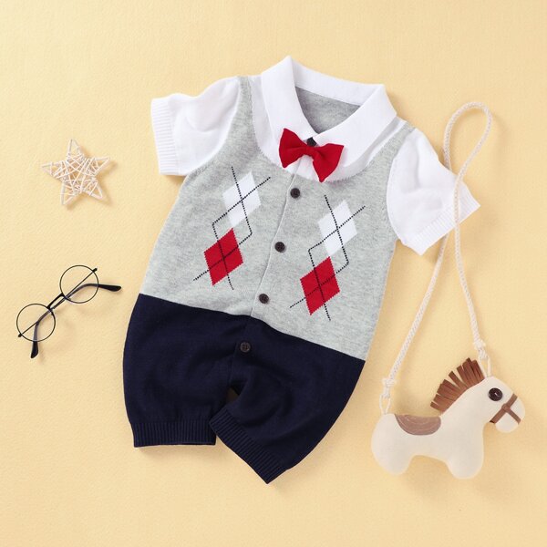

Baby Unisex Argyle Pattern Bow Front Knit Romper, Multicolor