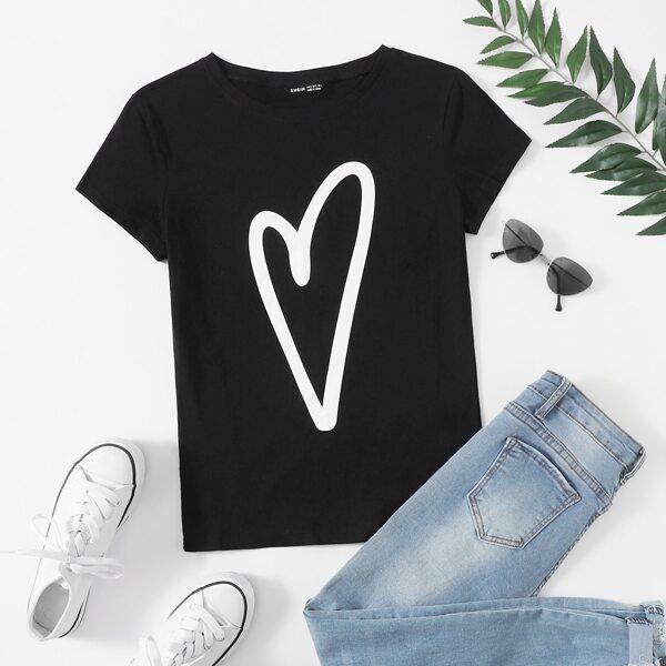 

Heart Print Short Sleeve Tee, Black