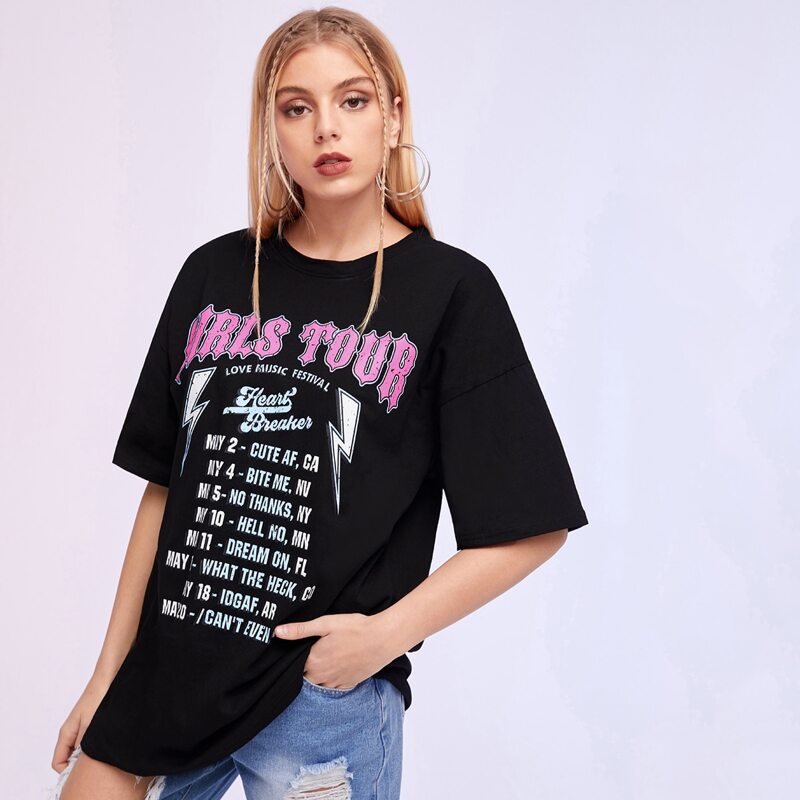 

Slogan Graphic Drop Shoulder Oversized Tee, Black