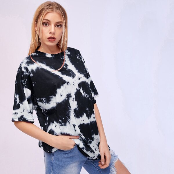 

Tie Dye Drop Shoulder Oversized Tee, Black and white