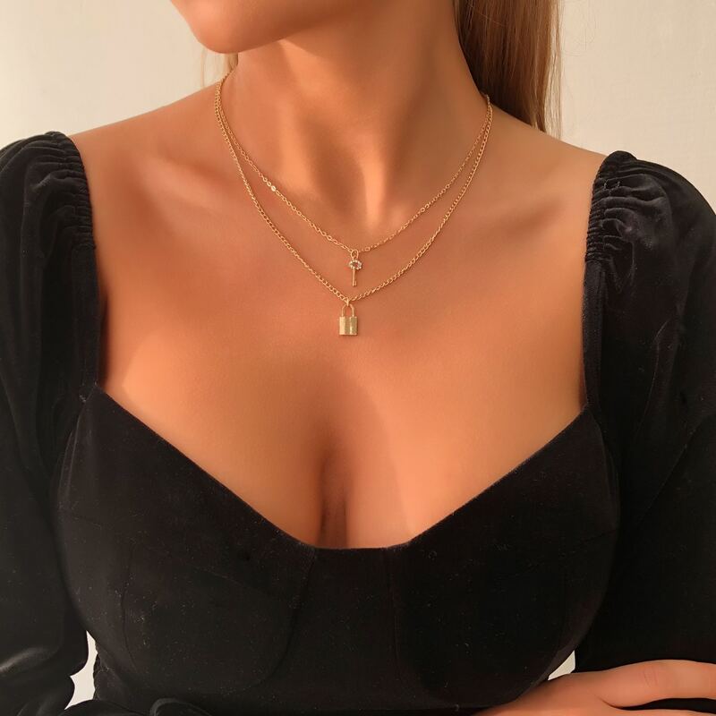 

Lock Charm Layered Necklace, Gold