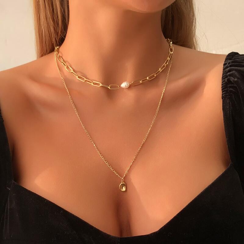 

Faux Pearl Decor Layered Necklace, Gold